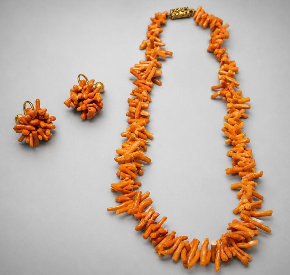 Vintage Coral Necklace Earrings Jewelry Set, Orange Branch Coral 15"‎ Natural cd